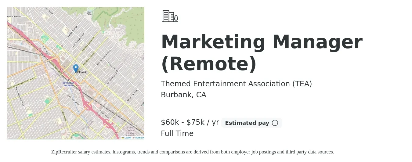 Themed Entertainment Association (TEA) job posting for a Marketing Manager (Remote) in Burbank, CA with a salary of $60,000 to $75,000 Yearly with a map of Burbank location.