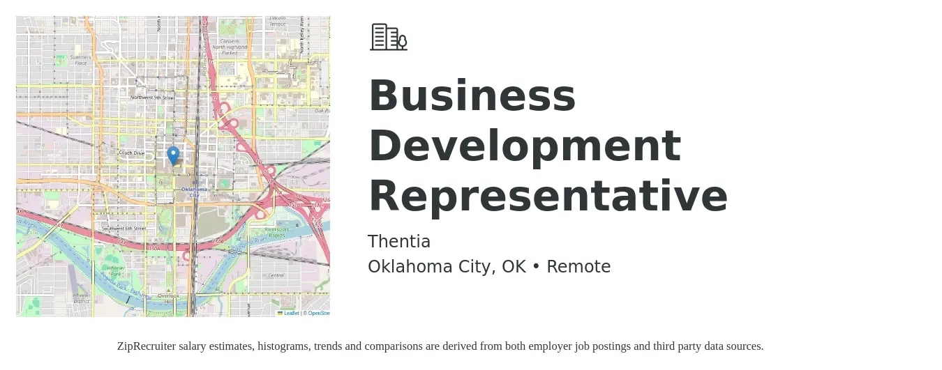Thentia job posting for a Business Development Representative in Oklahoma City, OK with a salary of $41,800 to $65,000 Yearly with a map of Oklahoma City location.