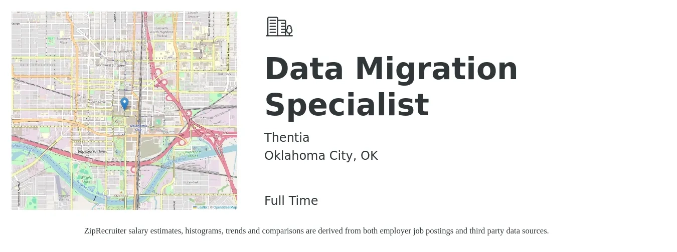 Thentia job posting for a Data Migration Specialist in Oklahoma City, OK with a salary of $53 to $82 Hourly with a map of Oklahoma City location.