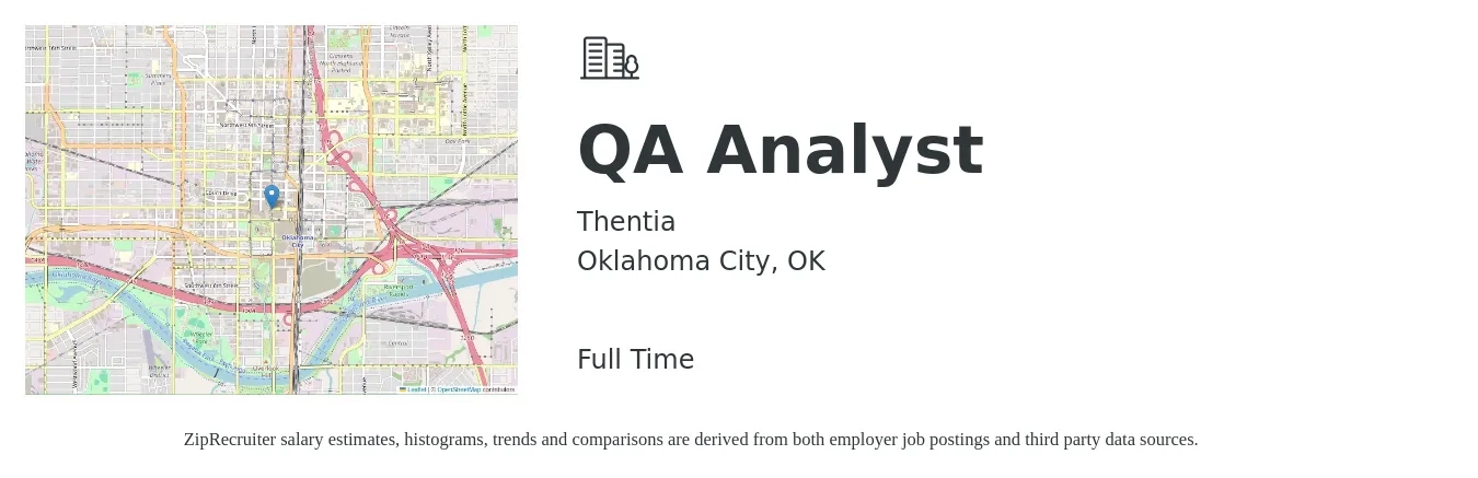 Thentia job posting for a QA Analyst in Oklahoma City, OK with a salary of $28 to $48 Hourly with a map of Oklahoma City location.