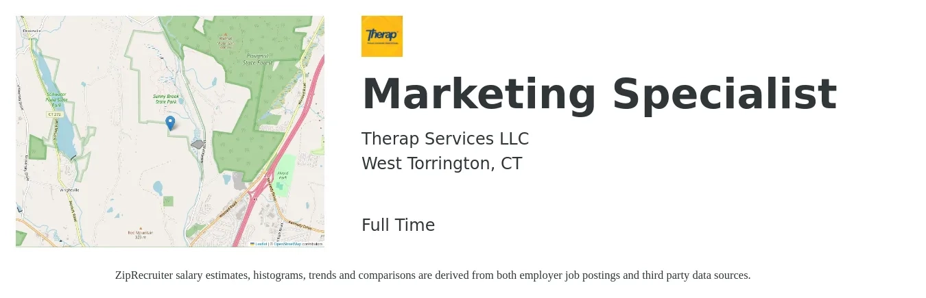 Therap Services LLC job posting for a Marketing Specialist in West Torrington, CT with a salary of $45,000 to $65,000 Yearly with a map of West Torrington location.