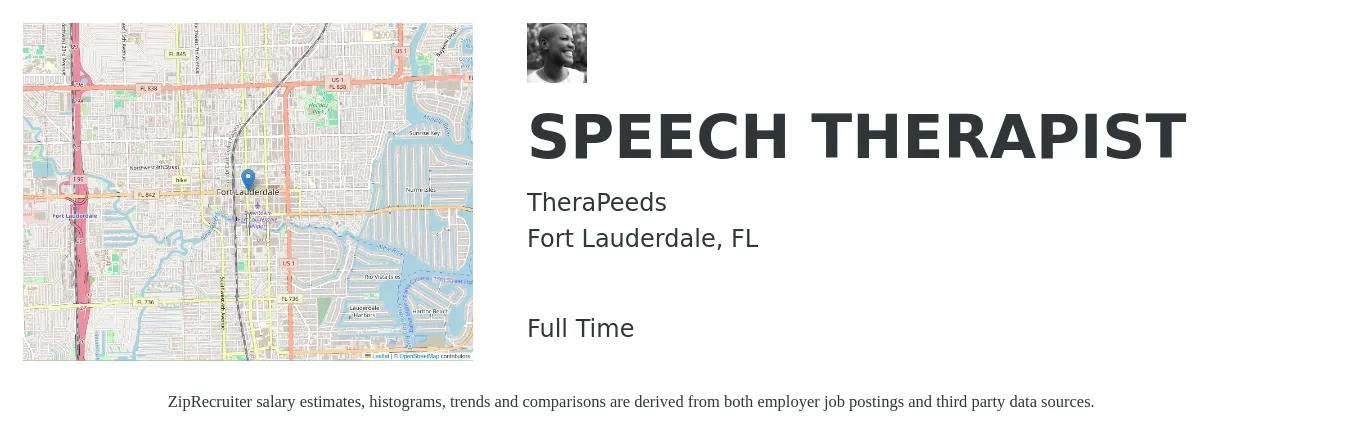 TheraPeeds job posting for a SPEECH THERAPIST in Fort Lauderdale, FL with a salary of $38 to $52 Hourly with a map of Fort Lauderdale location.