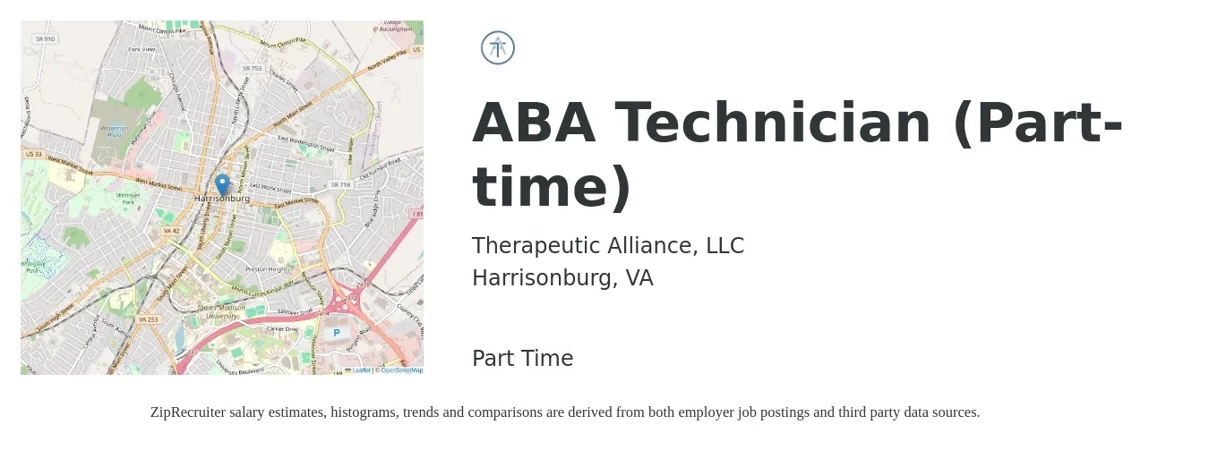 Therapeutic Alliance, LLC job posting for a ABA Technician (Part-time) in Harrisonburg, VA with a salary of $18 to $20 Hourly with a map of Harrisonburg location.