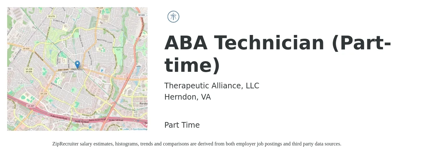 Therapeutic Alliance, LLC job posting for a ABA Technician (Part-time) in Herndon, VA with a salary of $19 to $24 Hourly with a map of Herndon location.