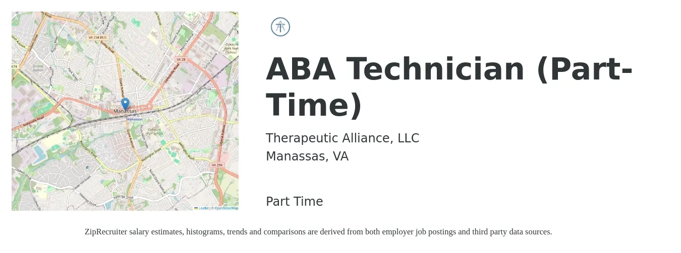 Therapeutic Alliance, LLC job posting for a ABA Technician (Part-Time) in Manassas, VA with a salary of $17 to $22 Hourly with a map of Manassas location.