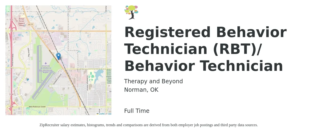 Therapy and Beyond job posting for a Registered Behavior Technician (RBT)/ Behavior Technician in Norman, OK with a salary of $18 to $21 Hourly with a map of Norman location.