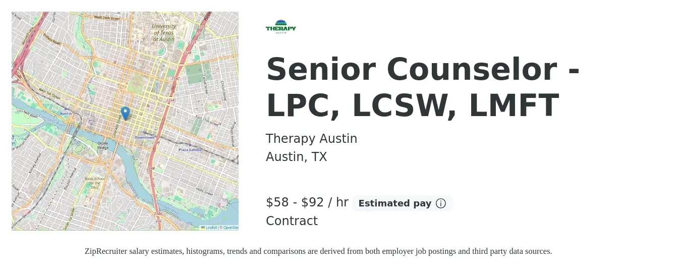 Therapy Austin job posting for a Senior Counselor - LPC, LCSW, LMFT in Austin, TX with a salary of $61 to $96 Hourly with a map of Austin location.