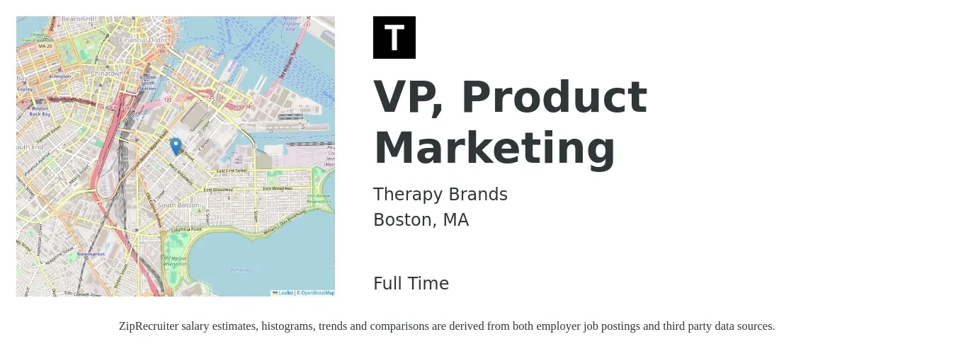 Therapy Brands job posting for a VP, Product Marketing in Boston, MA with a salary of $184,100 to $301,500 Yearly with a map of Boston location.
