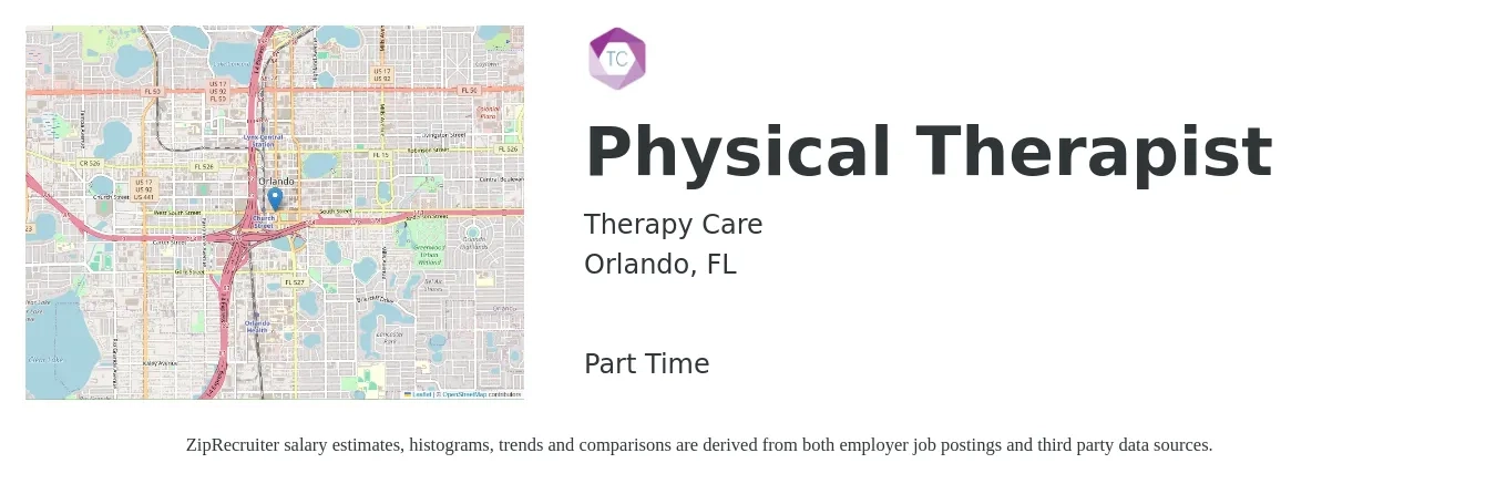 Therapy Care job posting for a Physical Therapist in Orlando, FL with a salary of $70 Hourly with a map of Orlando location.