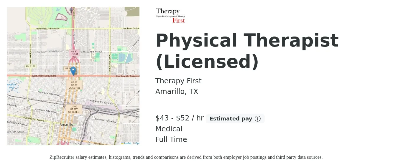 Therapy First job posting for a Physical Therapist (Licensed) in Amarillo, TX with a salary of $45 to $55 Hourly and benefits including pto, and medical with a map of Amarillo location.
