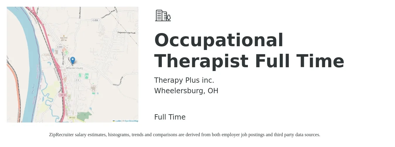 Therapy Plus inc. job posting for a Occupational Therapist Full Time in Wheelersburg, OH with a salary of $33 to $43 Hourly with a map of Wheelersburg location.