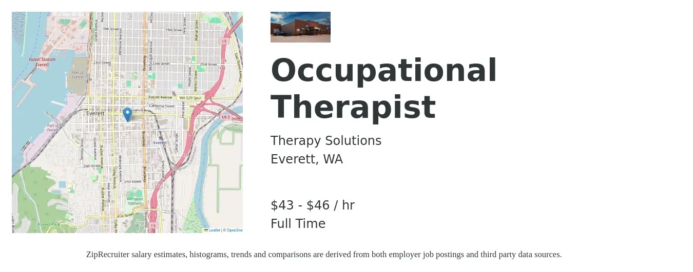 Therapy Solutions job posting for a Occupational Therapist in Everett, WA with a salary of $45 to $48 Hourly with a map of Everett location.
