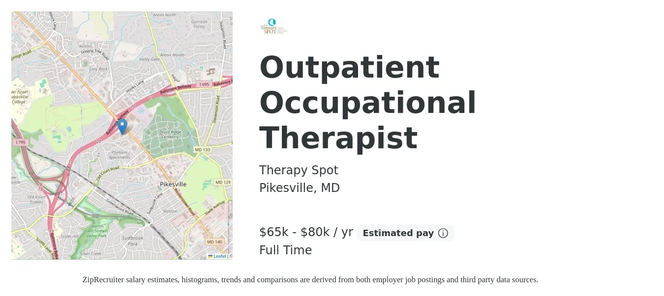 Therapy Spot job posting for a Outpatient Occupational Therapist in Pikesville, MD with a salary of $65,000 to $80,000 Yearly with a map of Pikesville location.