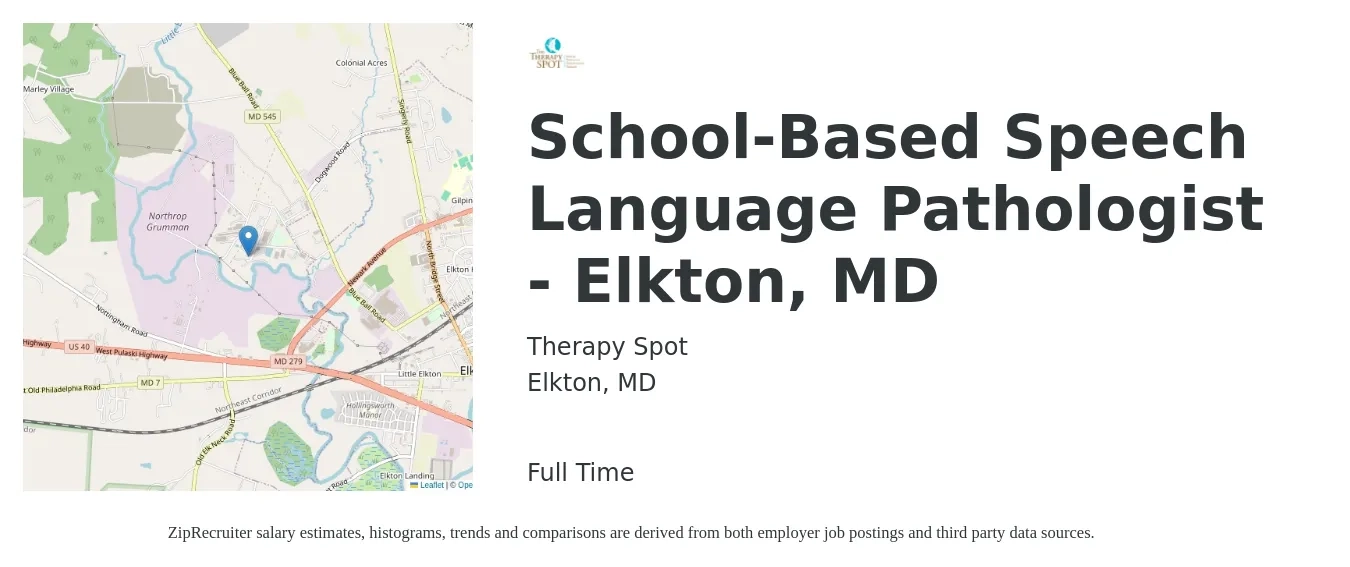 Therapy Spot job posting for a School-Based Speech Language Pathologist - Elkton, MD in Elkton, MD with a salary of $36 to $52 Hourly with a map of Elkton location.