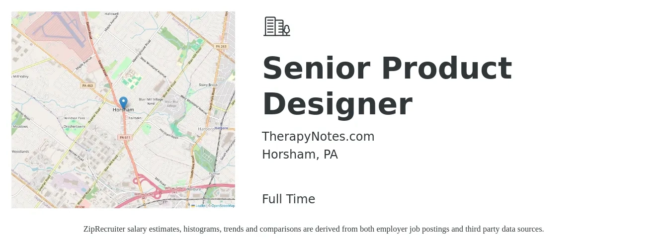 TherapyNotes.com job posting for a Senior Product Designer in Horsham, PA with a salary of $125,000 to $155,000 Yearly with a map of Horsham location.