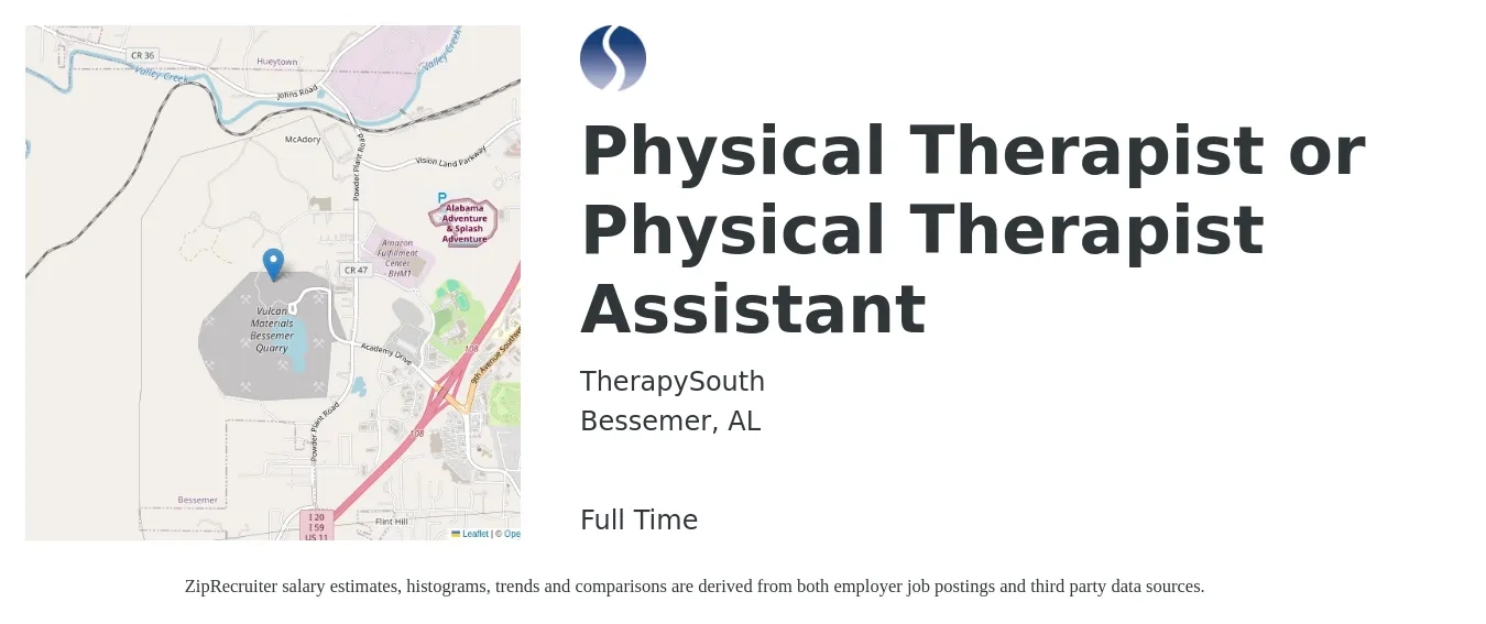 TherapySouth job posting for a Physical Therapist or Physical Therapist Assistant in Bessemer, AL with a salary of $38 to $53 Hourly with a map of Bessemer location.