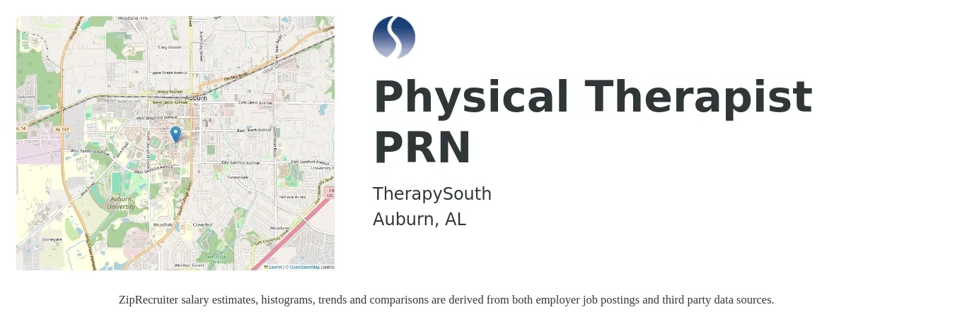TherapySouth job posting for a Physical Therapist PRN in Auburn, AL with a salary of $50 Hourly with a map of Auburn location.