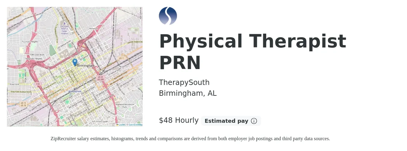 TherapySouth job posting for a Physical Therapist PRN in Birmingham, AL with a salary of $50 Hourly with a map of Birmingham location.