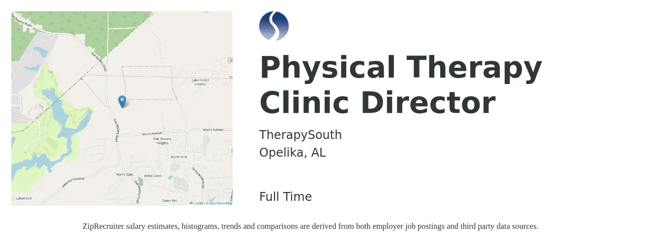 TherapySouth job posting for a Physical Therapy Clinic Director in Opelika, AL with a salary of $75,000 to $86,700 Yearly with a map of Opelika location.