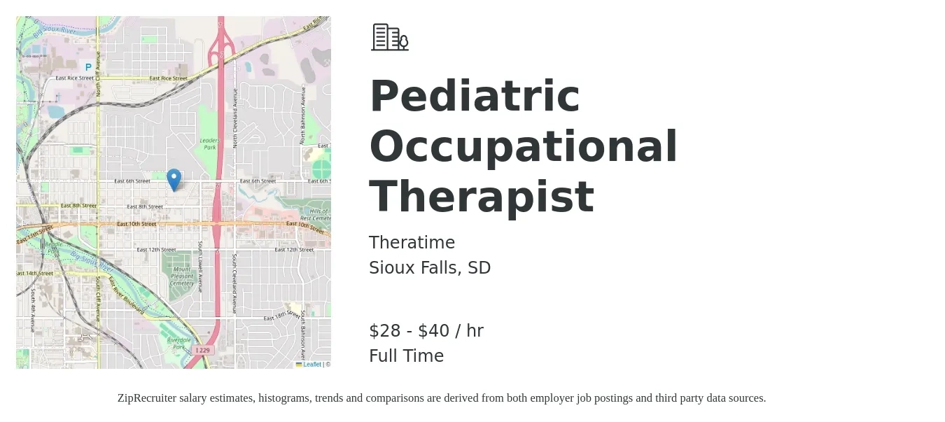 Theratime job posting for a Pediatric Occupational Therapist in Sioux Falls, SD with a salary of $30 to $42 Hourly with a map of Sioux Falls location.