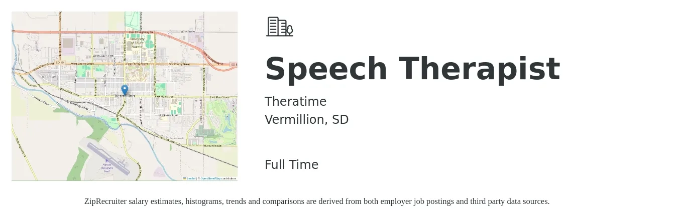 Theratime job posting for a Speech Therapist in Vermillion, SD with a salary of $39 to $53 Hourly with a map of Vermillion location.