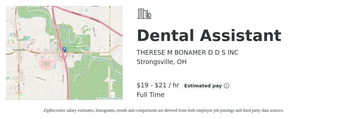 THERESE M BONAMER D D S INC job posting for a Dental Assistant in Strongsville, OH with a salary of $20 to $22 Hourly with a map of Strongsville location.