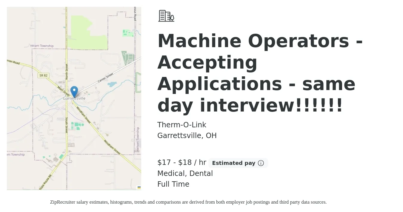 Therm-O-Link job posting for a Machine Operators - Accepting Applications - same day interview!!!!!! in Garrettsville, OH with a salary of $18 to $19 Hourly and benefits including medical, retirement, dental, and life_insurance with a map of Garrettsville location.
