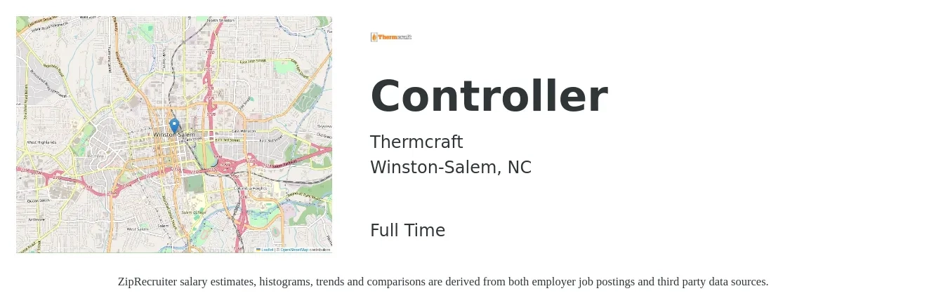 Thermcraft job posting for a Controller in Winston-Salem, NC with a salary of $89,500 to $127,800 Yearly with a map of Winston-Salem location.