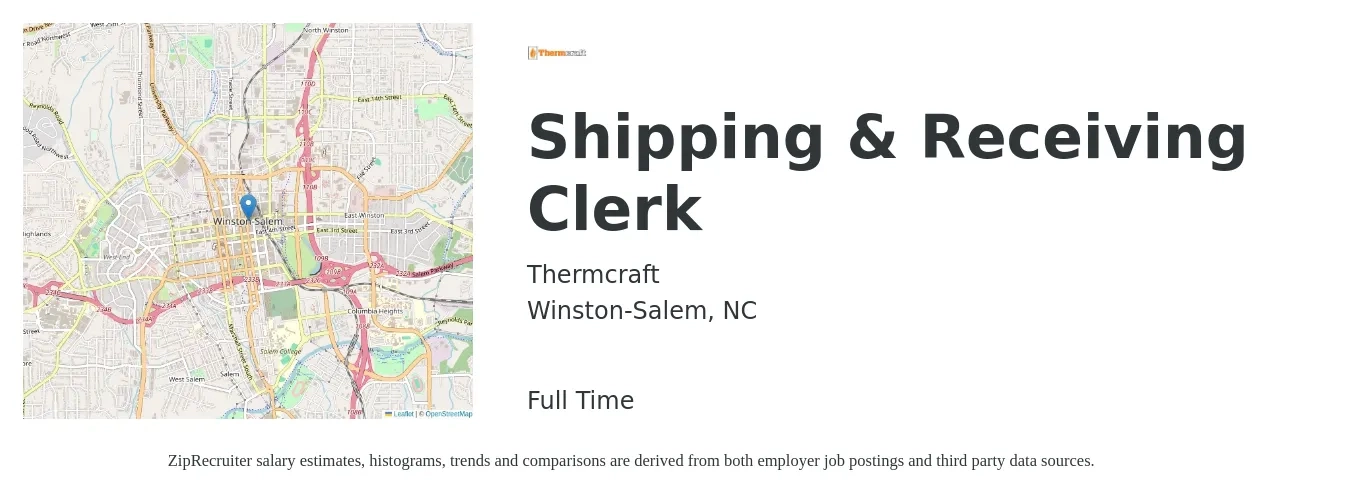 Thermcraft job posting for a Shipping & Receiving Clerk in Winston-Salem, NC with a salary of $16 to $18 Hourly with a map of Winston-Salem location.