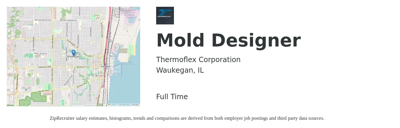Thermoflex Corporation job posting for a Mold Designer in Waukegan, IL with a salary of $24 to $41 Hourly with a map of Waukegan location.