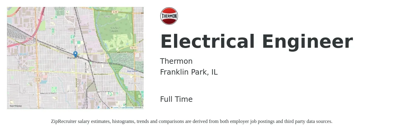Thermon job posting for a Electrical Engineer in Franklin Park, IL with a salary of $82,500 to $131,300 Yearly with a map of Franklin Park location.