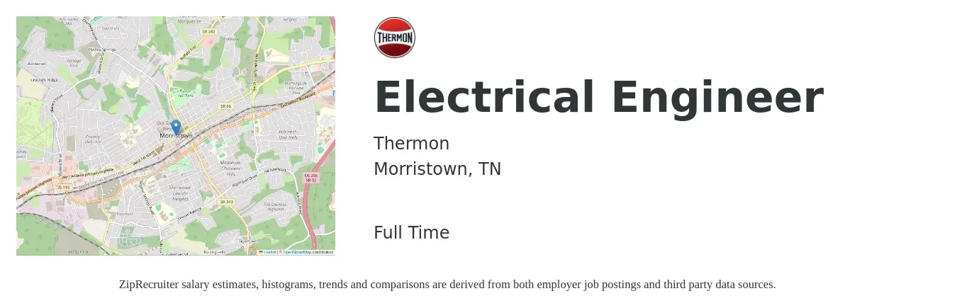 Thermon job posting for a Electrical Engineer in Morristown, TN with a salary of $72,300 to $114,900 Yearly with a map of Morristown location.
