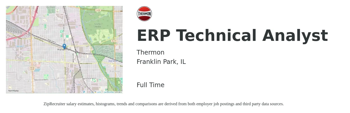 Thermon job posting for a ERP Technical Analyst in Franklin Park, IL with a salary of $67,100 to $100,000 Yearly with a map of Franklin Park location.