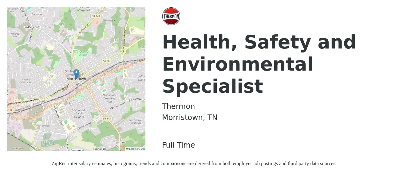 Thermon job posting for a Health, Safety and Environmental Specialist in Morristown, TN with a salary of $56,000 to $80,100 Yearly with a map of Morristown location.
