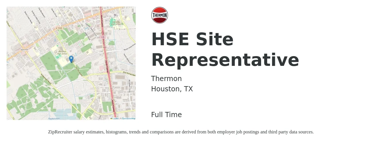 Thermon job posting for a HSE Site Representative in Houston, TX with a salary of $22 to $34 Hourly with a map of Houston location.