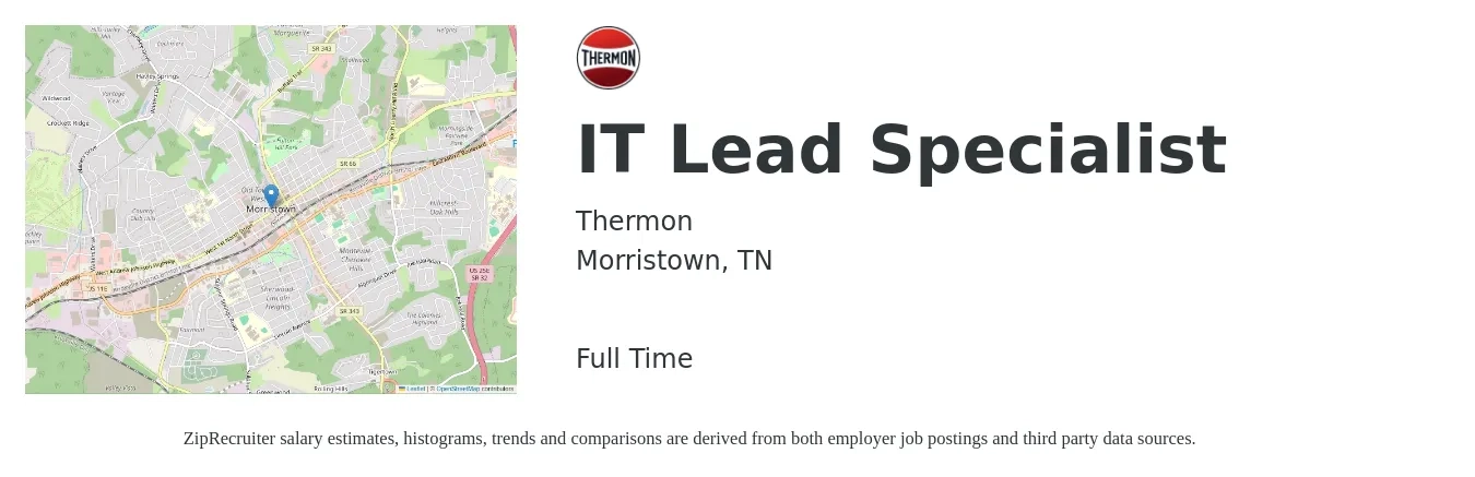 Thermon job posting for a IT Lead Specialist in Morristown, TN with a salary of $40,700 to $97,600 Yearly with a map of Morristown location.