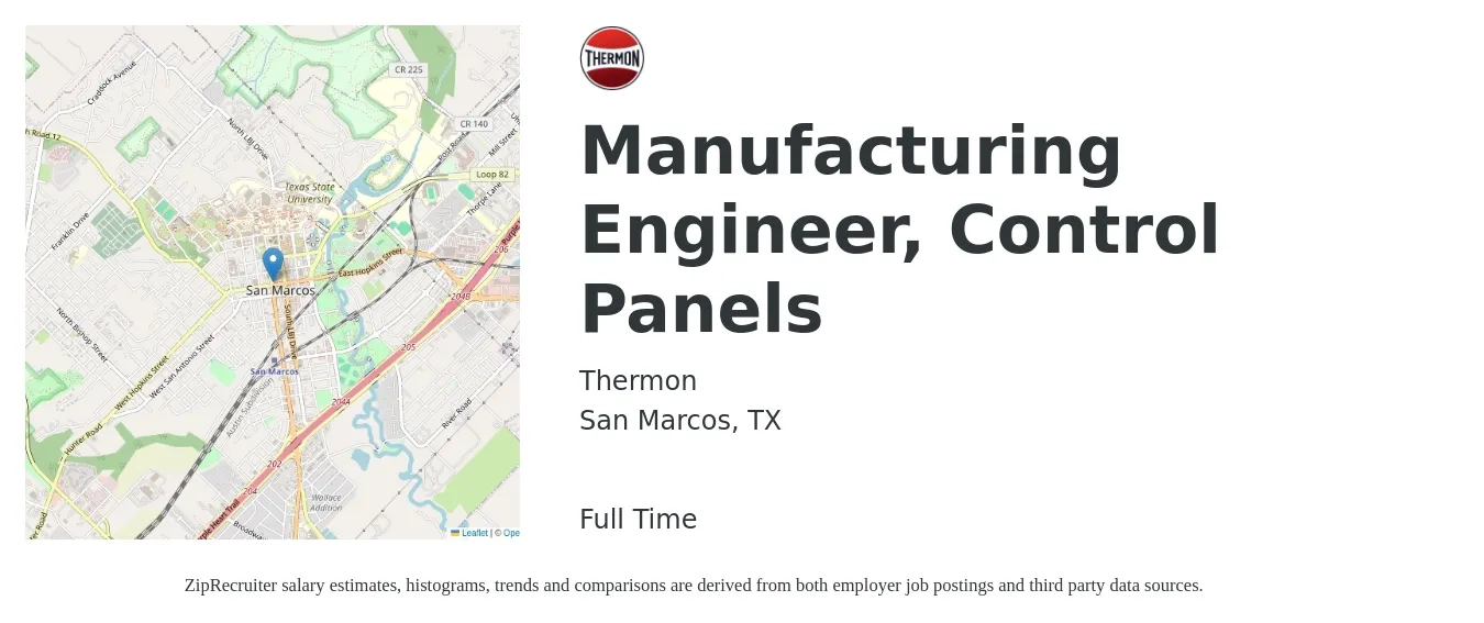 Thermon job posting for a Manufacturing Engineer, Control Panels in San Marcos, TX with a salary of $69,900 to $90,000 Yearly with a map of San Marcos location.