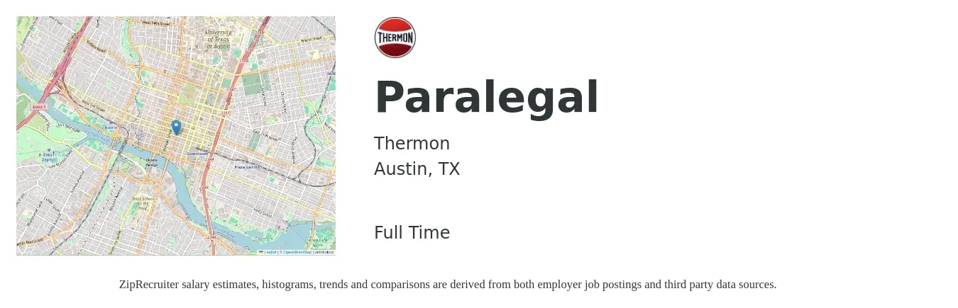 Thermon job posting for a Paralegal in Austin, TX with a salary of $47,600 to $67,900 Yearly with a map of Austin location.
