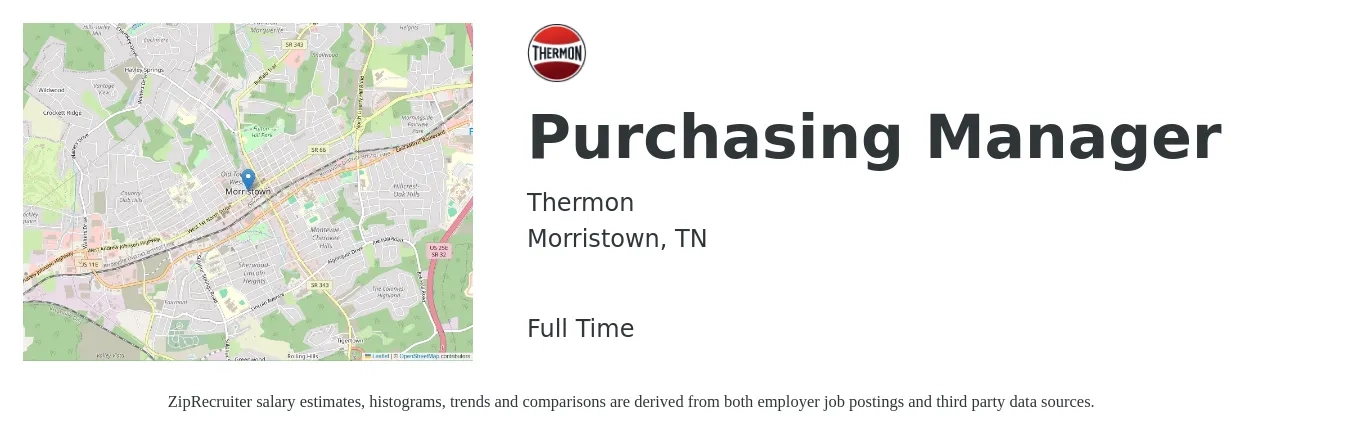 Thermon job posting for a Purchasing Manager in Morristown, TN with a salary of $57,800 to $89,000 Yearly with a map of Morristown location.
