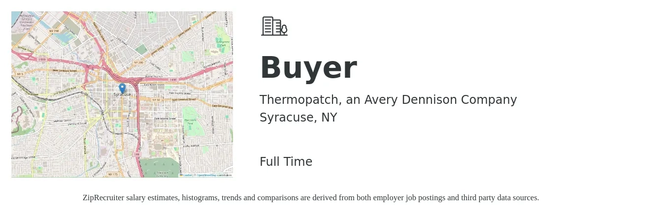 Thermopatch, an Avery Dennison Company job posting for a Buyer in Syracuse, NY with a salary of $54,100 to $77,700 Yearly with a map of Syracuse location.