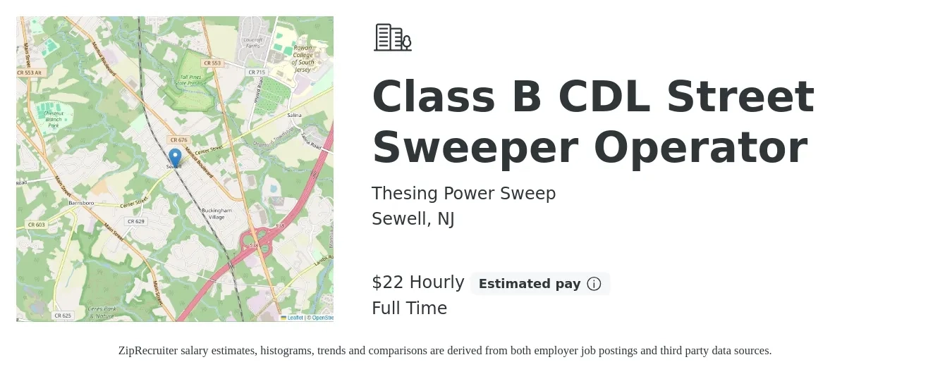 Thesing Power Sweep job posting for a Class B CDL Street Sweeper Operator in Sewell, NJ with a salary of $23 Hourly with a map of Sewell location.