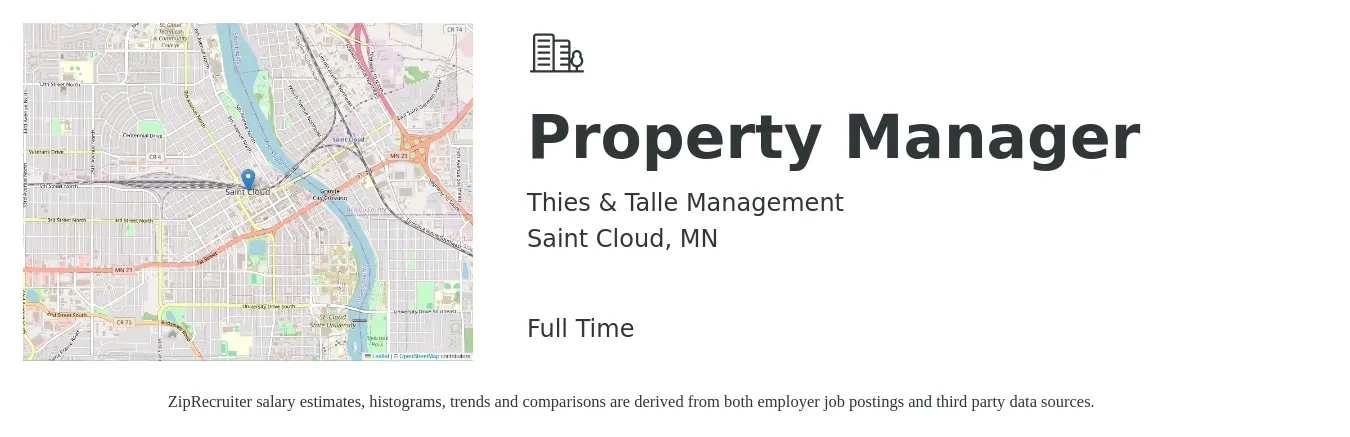 Thies & Talle Management job posting for a Property Manager in Saint Cloud, MN with a salary of $43,600 to $67,400 Yearly with a map of Saint Cloud location.