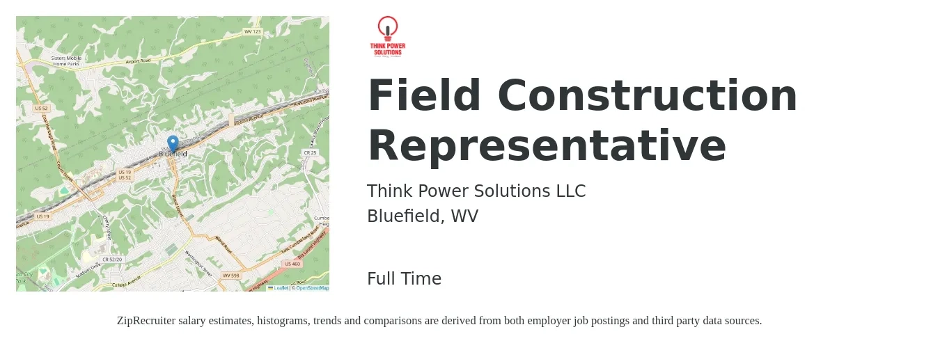 Think Power Solutions LLC job posting for a Field Construction Representative in Bluefield, WV with a salary of $15 to $30 Hourly with a map of Bluefield location.