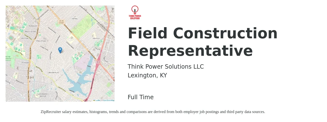 Think Power Solutions LLC job posting for a Field Construction Representative in Lexington, KY with a salary of $16 to $31 Hourly with a map of Lexington location.