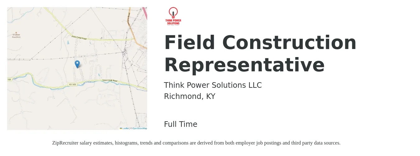 Think Power Solutions LLC job posting for a Field Construction Representative in Richmond, KY with a salary of $13 to $26 Hourly with a map of Richmond location.