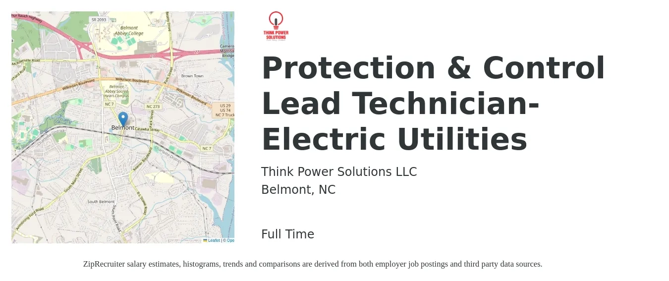 Think Power Solutions LLC job posting for a Protection & Control Lead Technician-Electric Utilities in Belmont, NC with a salary of $17 to $29 Hourly with a map of Belmont location.