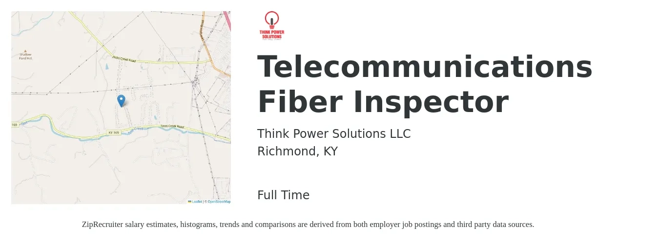 Think Power Solutions LLC job posting for a Telecommunications Fiber Inspector in Richmond, KY with a salary of $16 to $24 Hourly with a map of Richmond location.