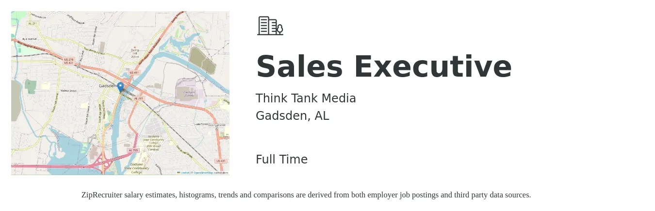 Think Tank Media job posting for a Sales Executive in Gadsden, AL with a salary of $48,100 to $82,700 Yearly with a map of Gadsden location.