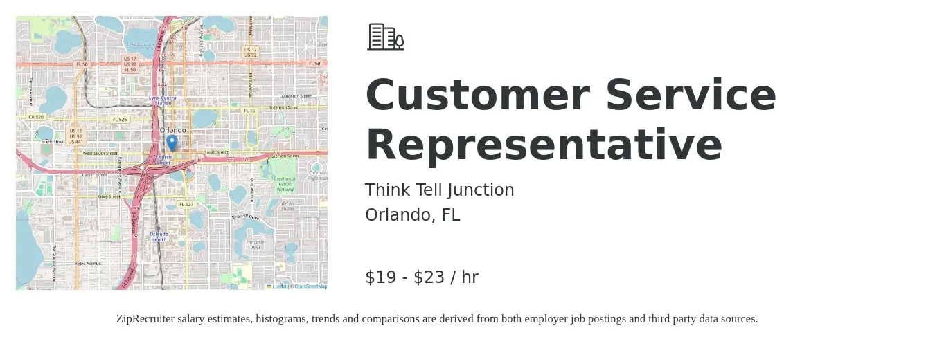 Think Tell Junction job posting for a Customer Service Representative in Orlando, FL with a salary of $20 to $24 Hourly with a map of Orlando location.