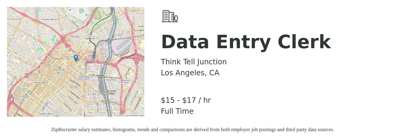 Think Tell Junction job posting for a Data Entry Clerk in Los Angeles, CA with a salary of $17 to $19 Hourly with a map of Los Angeles location.